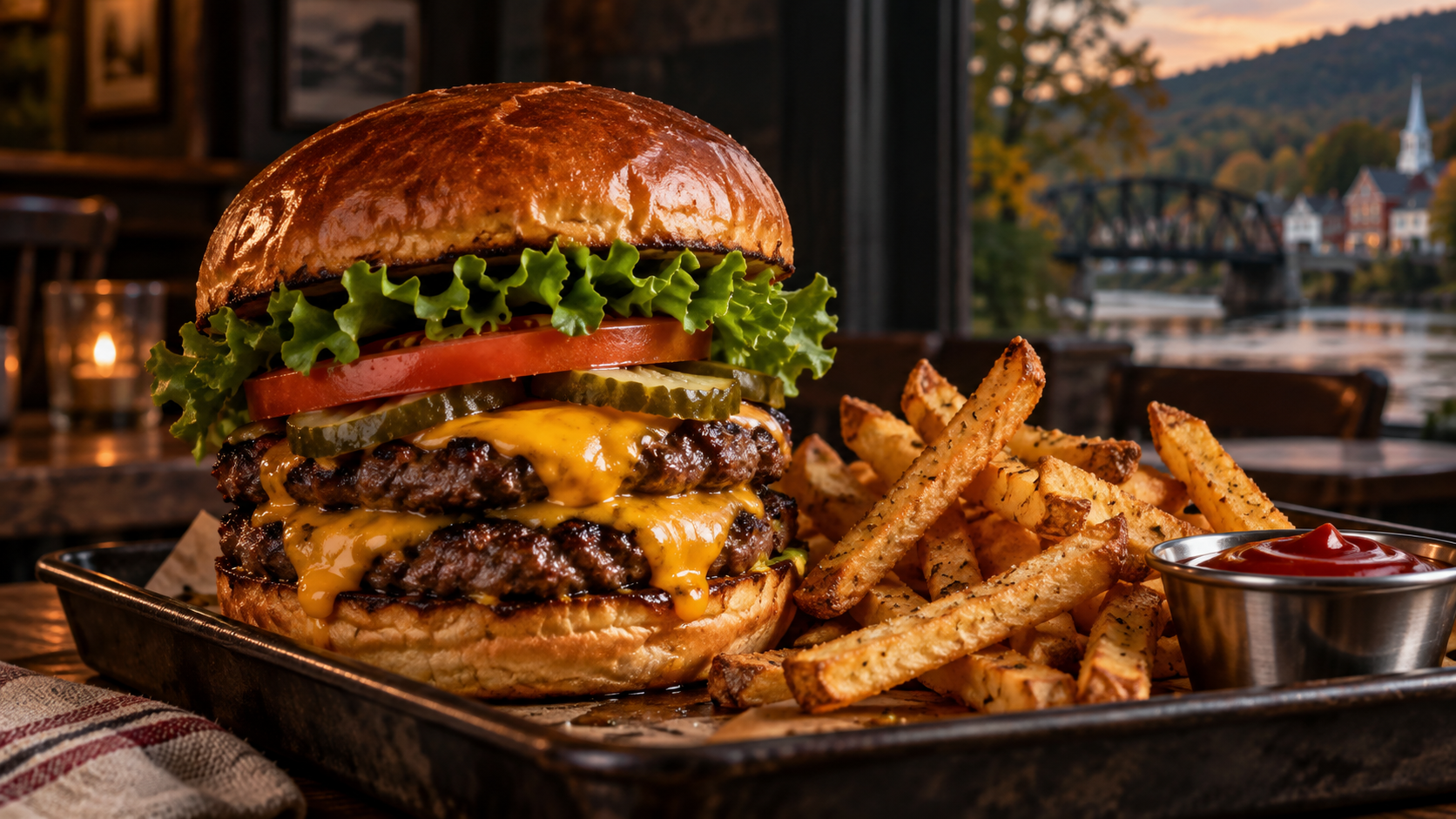 A double cheeseburger with fresh toppings and seasoned fries